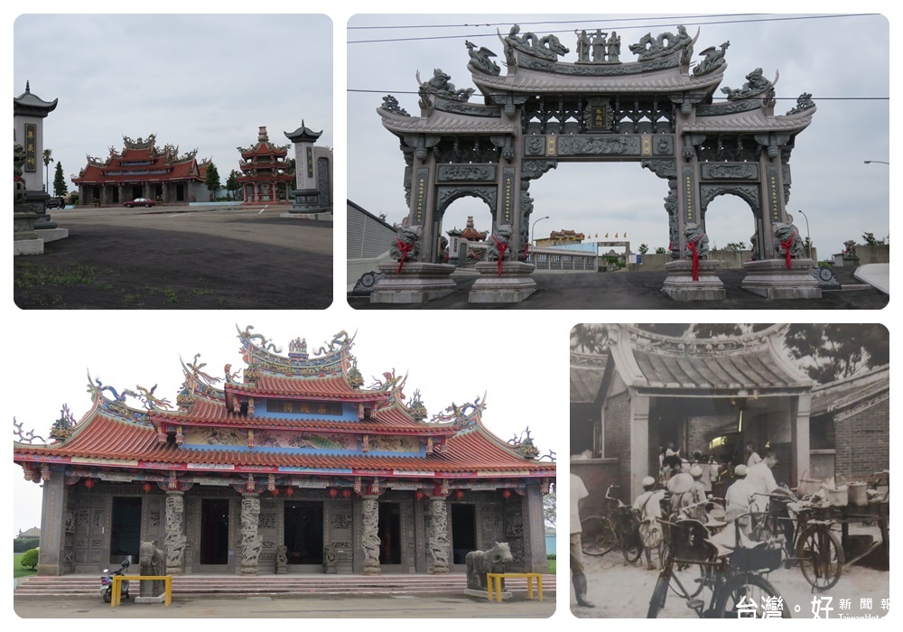 集義祠宏偉的建築,左方雲牆有「沿革碑」,「廟地來由」及「沿革」的石刻祭露了集義祠的歷史。