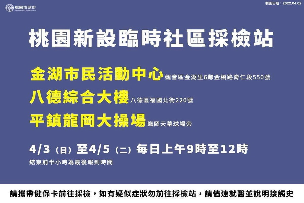 桃園市新設社區採檢站，籲請市民朋友多利用。