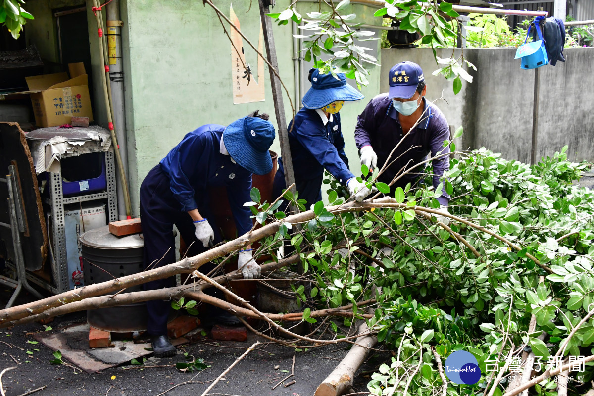 鹿港志工齊力為民宅鋸大樹，讓獨居住家得見天日。圖／慈濟提供