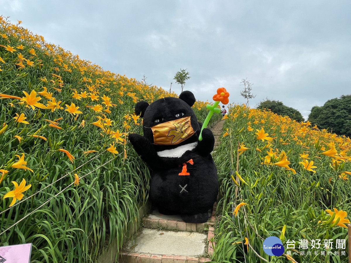 喔熊組長」虎山巖出任務，邀請大家母親節帶媽媽遊賞金針花。圖／參山處提供