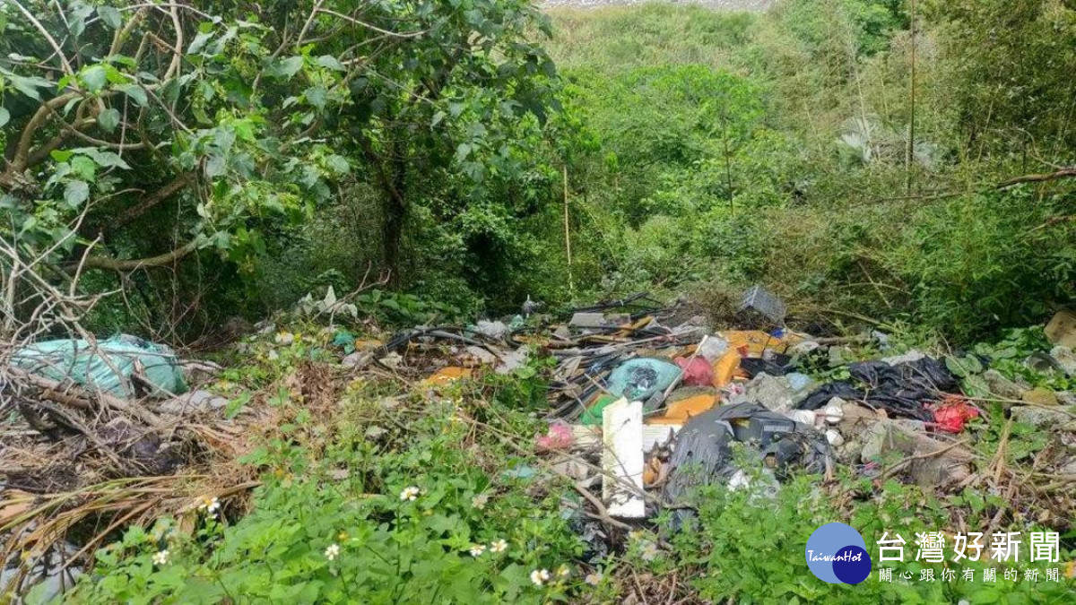 信義鄉愛國段55地號林地內遭人棄置垃圾廢棄物。