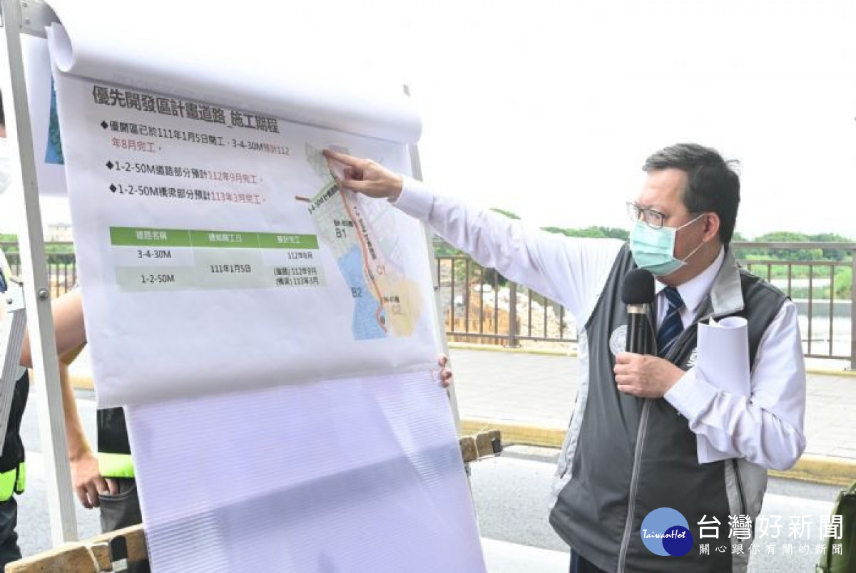 市長指出，捷運A15大園站至A17領航站下方道路（1-2-50M計畫道路），分為道路工程及橋梁工程，將分別於明年9月、113年3月完工。