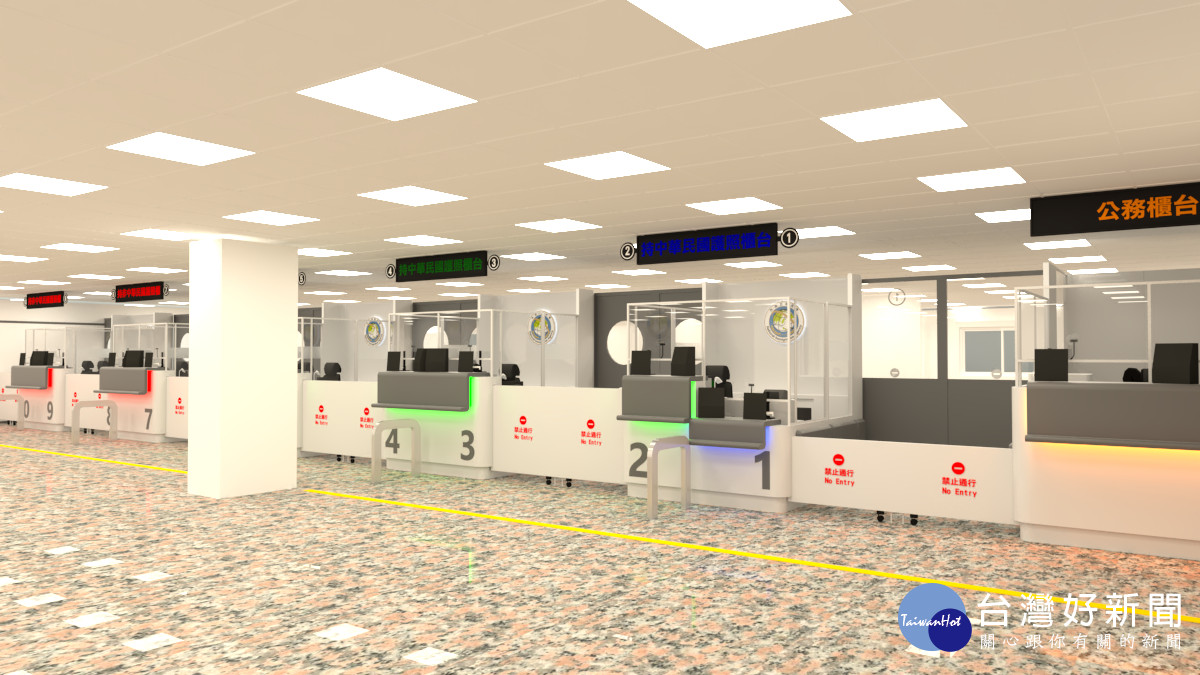 臺中港旅客服務中心入出境查驗櫃檯設計示意圖。