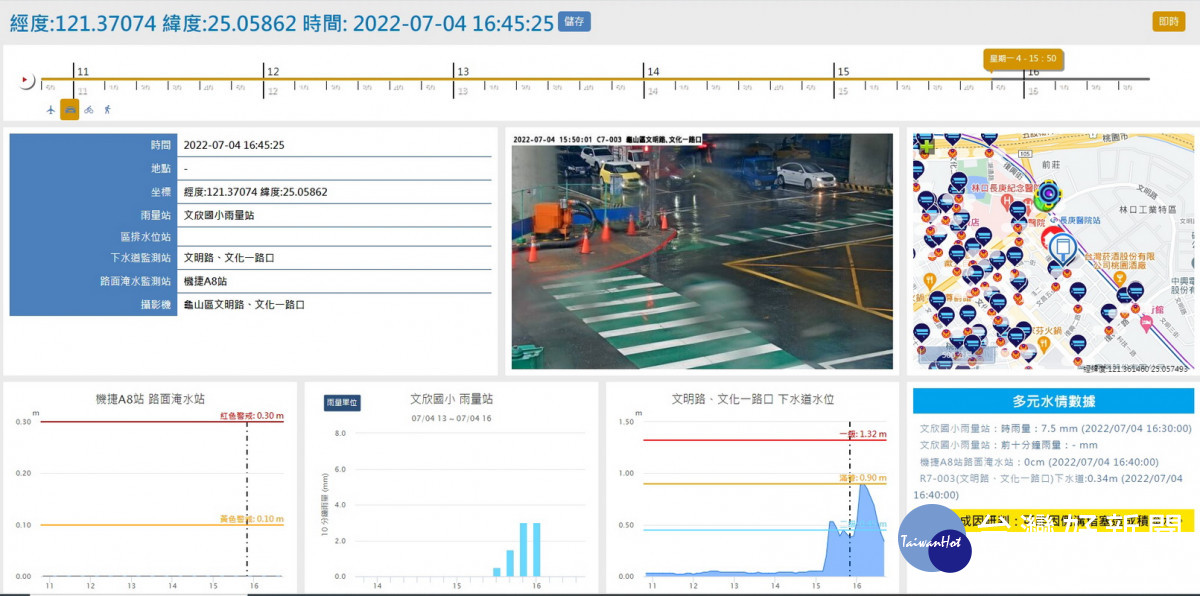 桃園市政府水務局智慧治水系統感測器災情資料看板。