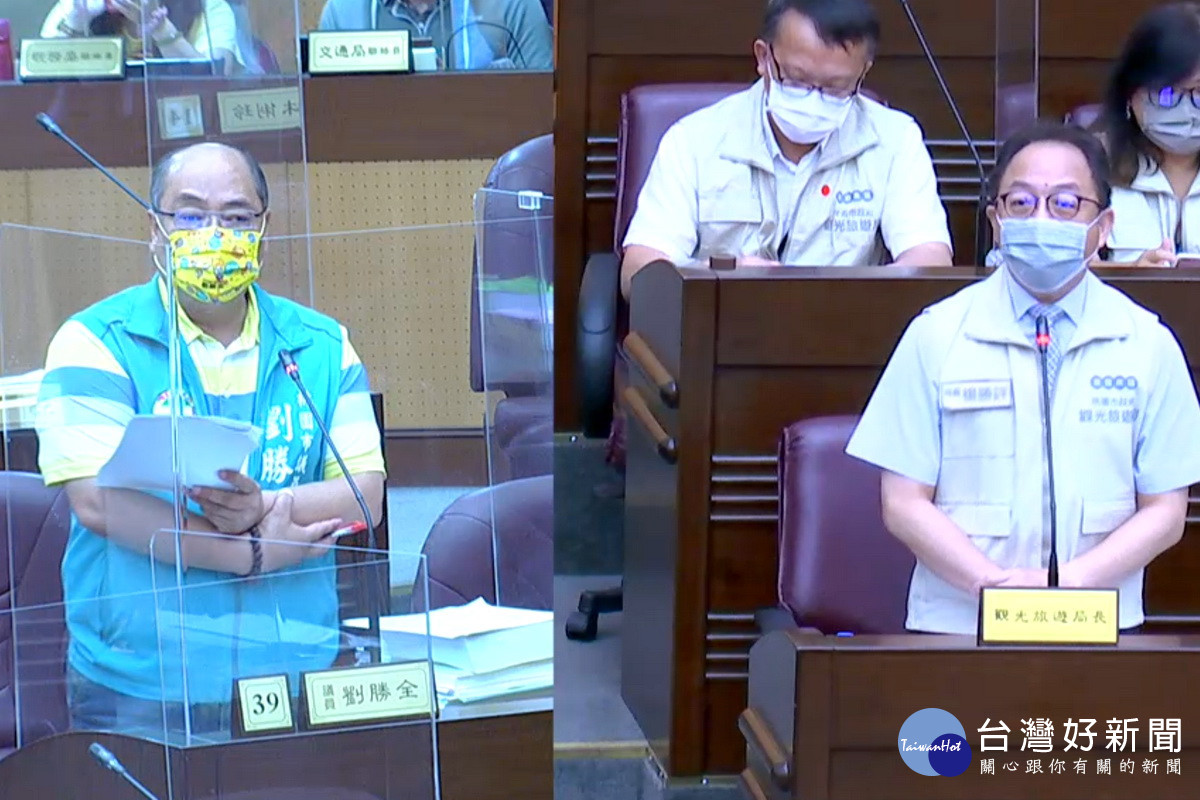 針對露營場地合法化，桃園市議員劉勝全質詢市府觀旅局長楊勝評。<br />
