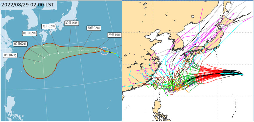左圖：29日2時中央氣象局「路徑潛勢預圖」顯示，第11號輕颱「軒嵐諾」在日本東南方海面，偏西進行，2、3天後逐漸偏向西南西。右圖：28日20時歐洲(ECMWF)系集模式顯示，前5天模擬路徑逐漸偏向西南西，大約5天後模擬路徑轉向北。由於轉向的位置不同，50次模擬路徑有極大的歧異。（圖／取自「三立準氣象．老大洩天機」）<br />
<br />
