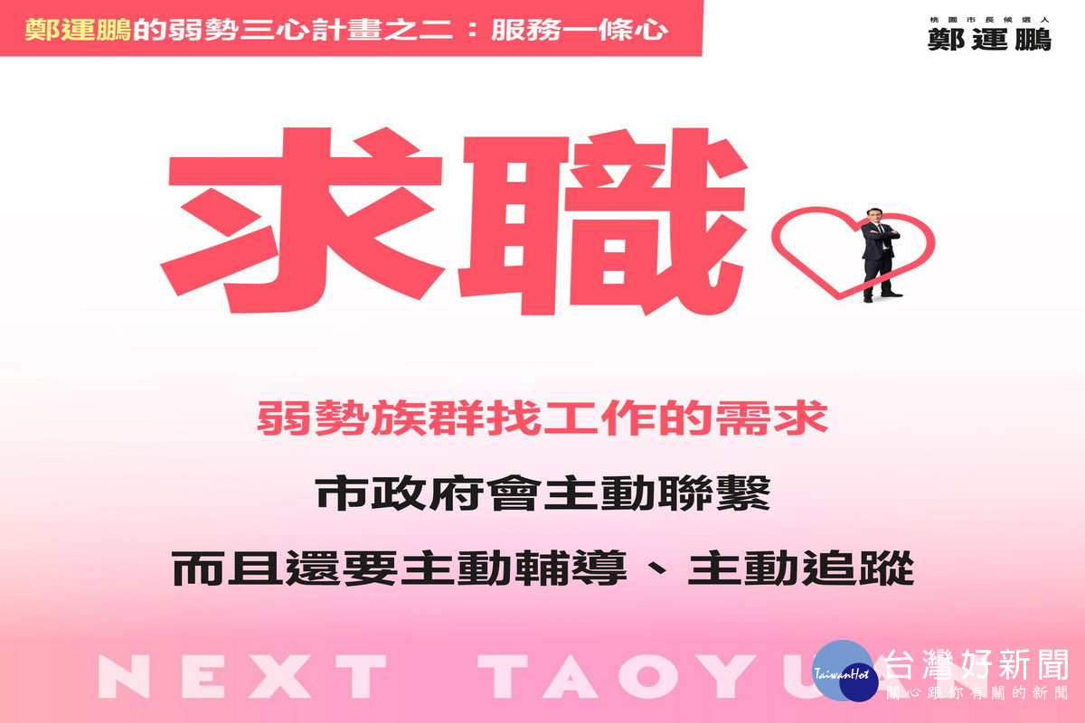 民進黨桃園市長候選人鄭運鵬發布「弱勢三心」計畫，努力做弱勢的「遮雨鵬」。