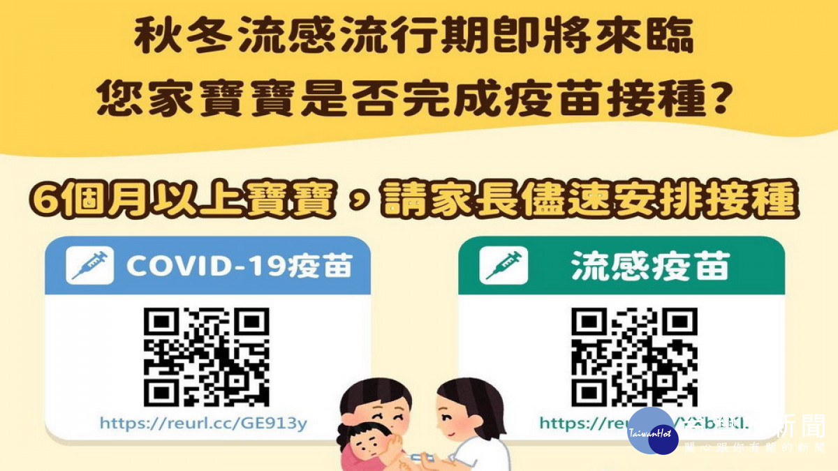 ▲疾管署示警流感疫情流行期將屆，嬰幼兒及學齡孩童不易落實戴口罩，儘早完整接種COVID-19及流感疫苗。