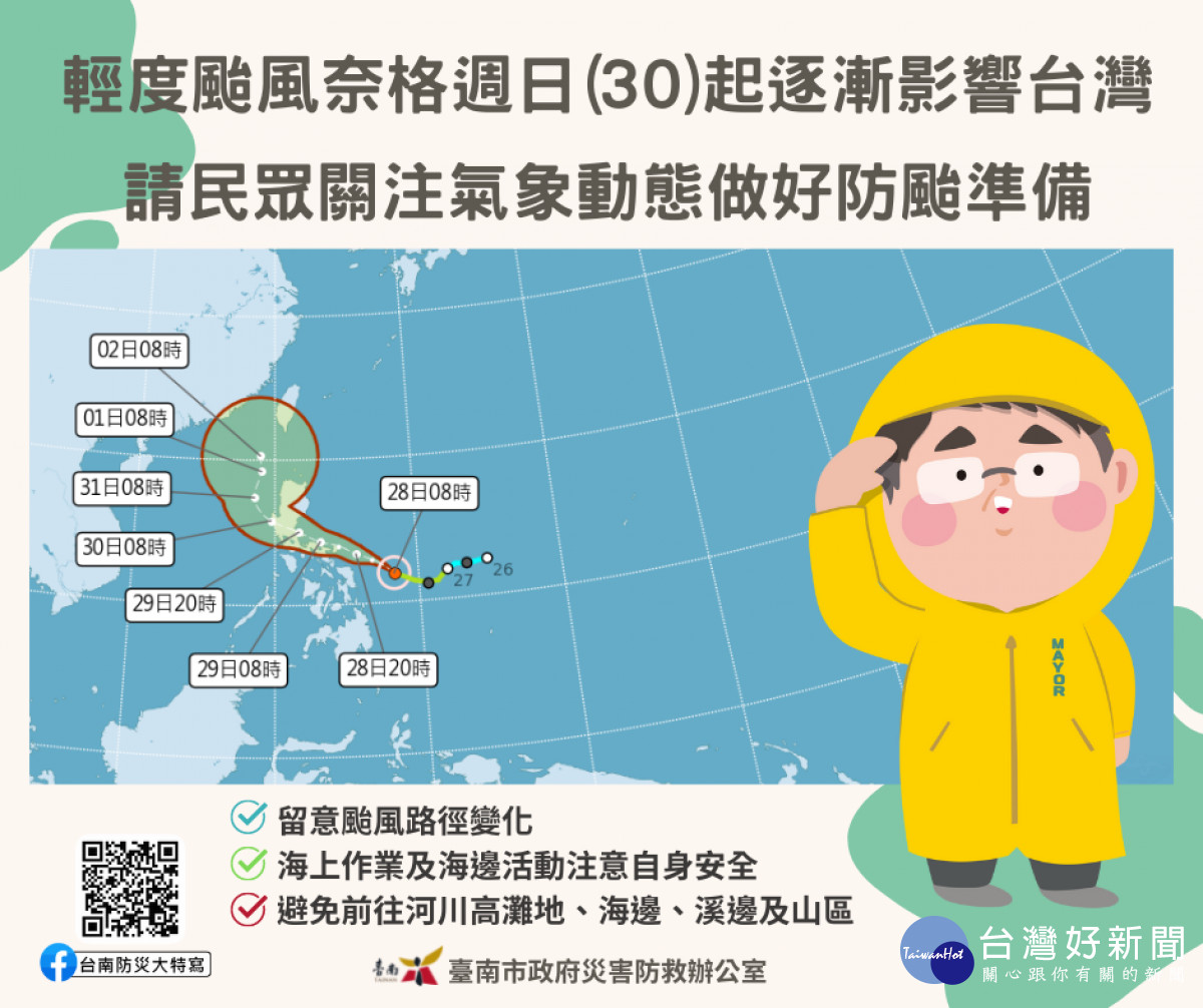 輕颱奈格週日起逐漸影響台灣 南市府籲鄉親做好防颱準備