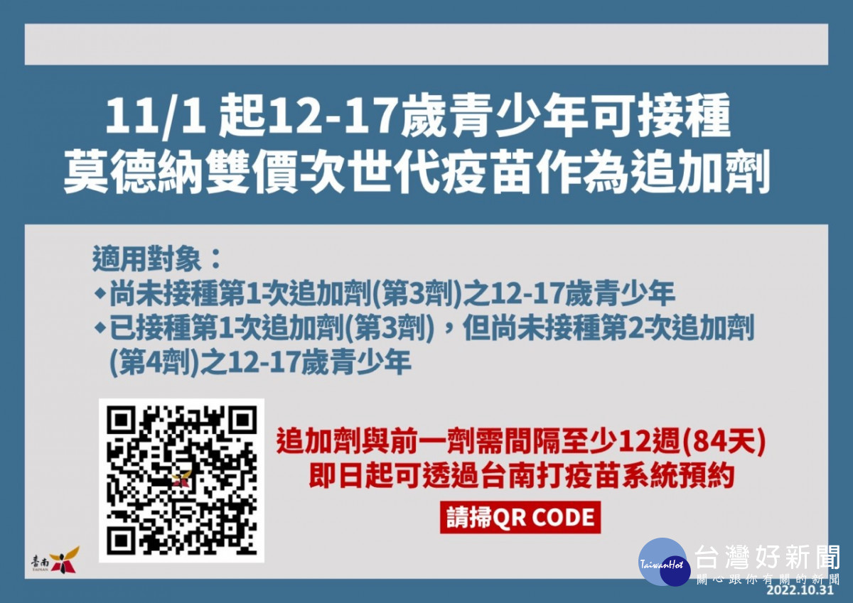 符合接種莫德納雙價次世代疫苗之台南市民　可透過「台南打疫苗」系統預約