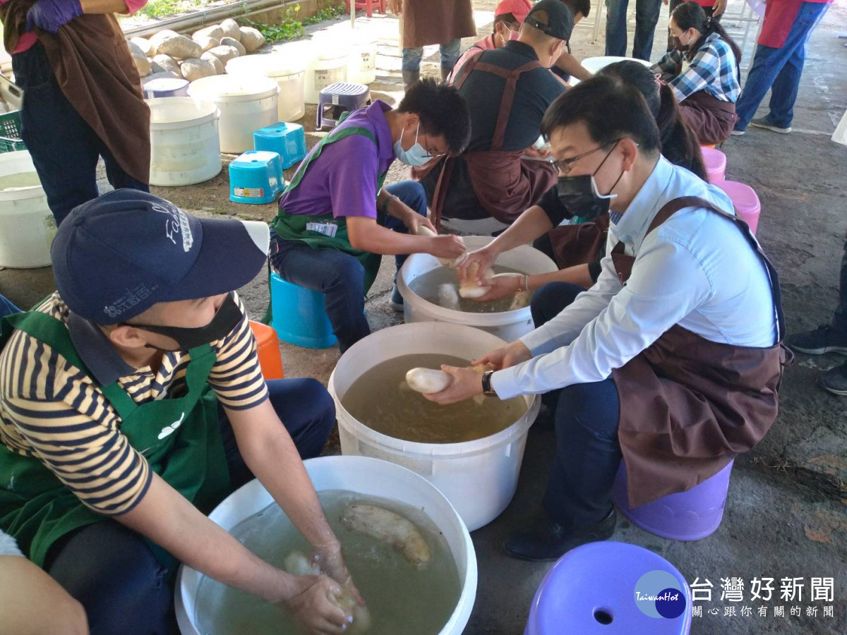 市府客委會主委與信望愛小作所學員體驗洗菜頭。