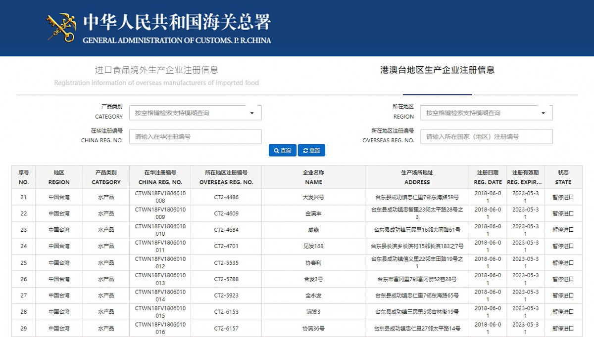 (圖／翻攝自中華人民共和國海關總署進口食品境外生產企業註冊信息網站)