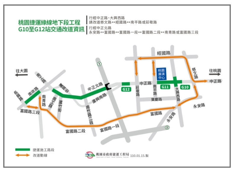 桃園捷運綠線地下段工程G10至G12站交通改道資訊。