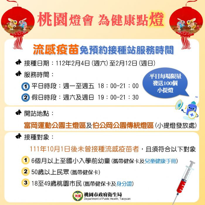 看燈會享健康　接種流感疫苗再送幸福兔小提燈