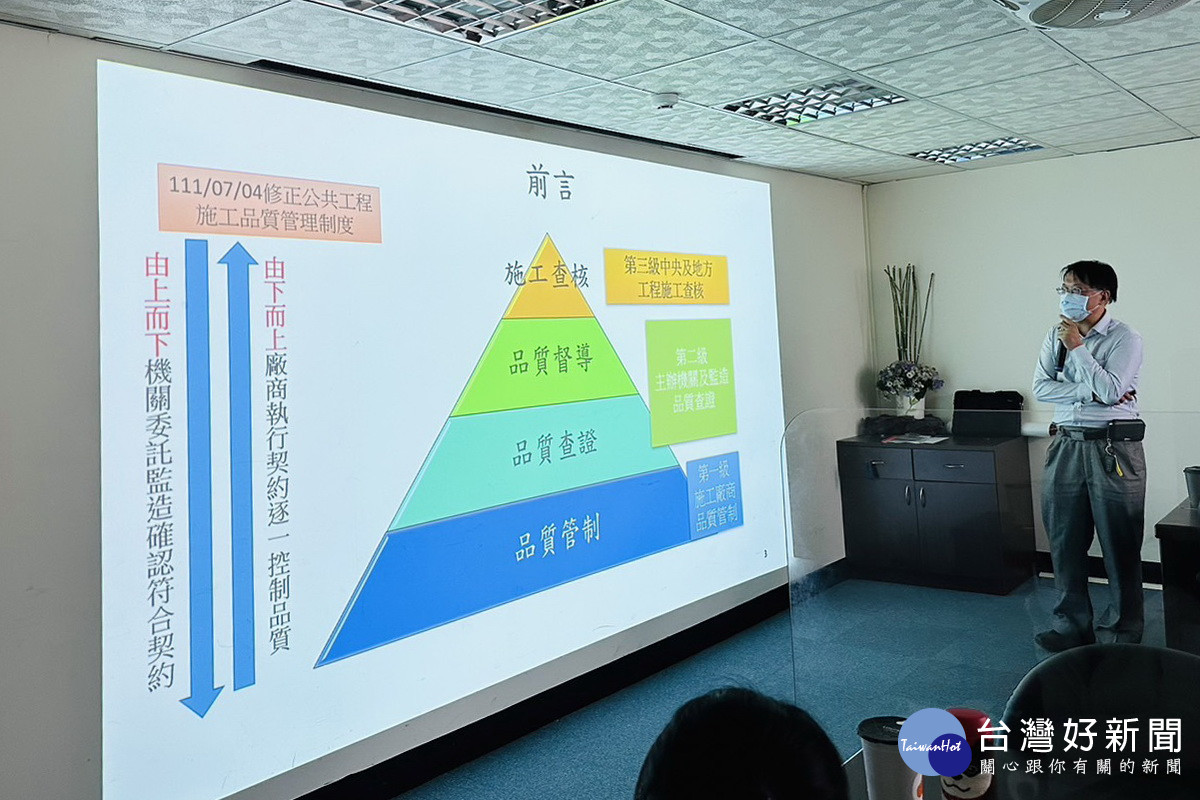 宜蘭大學土木工程學系教授陳浩賢於教育訓練中講授公共工品質管理。