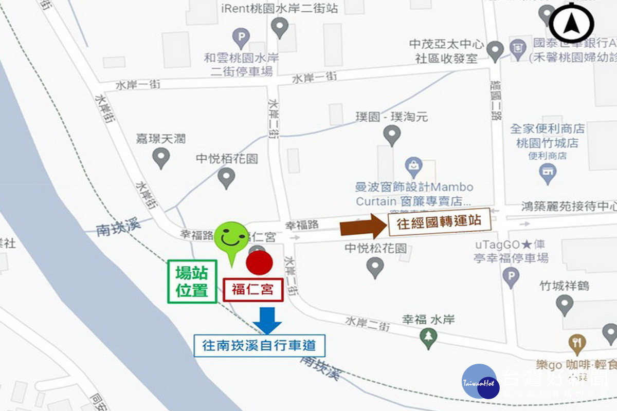 「桃園幸福路水岸二街口YouBike場站」位置圖。