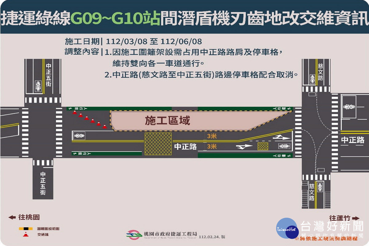 桃園捷運綠線中正路段設置施工圍籬　捷工局提醒駕駛人減速慢行