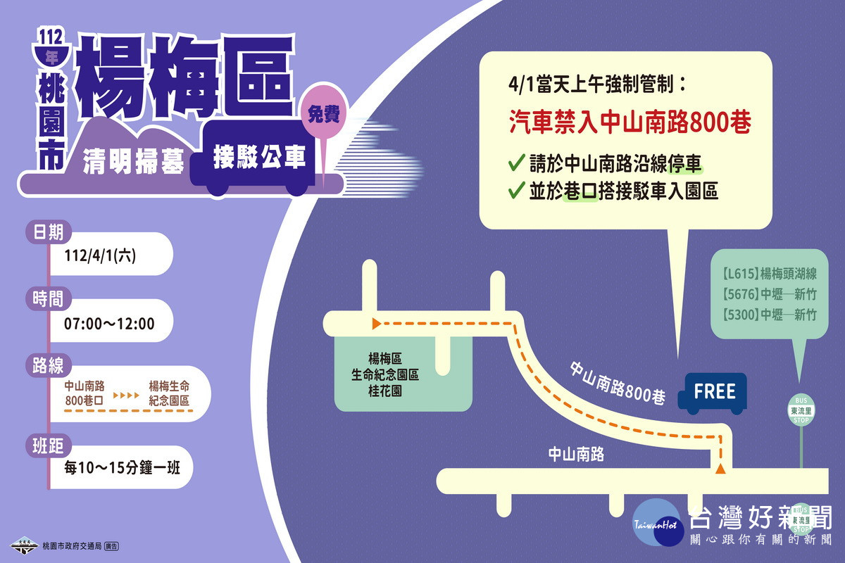 桃園市政府推出楊梅區清明節免費掃墓專車。