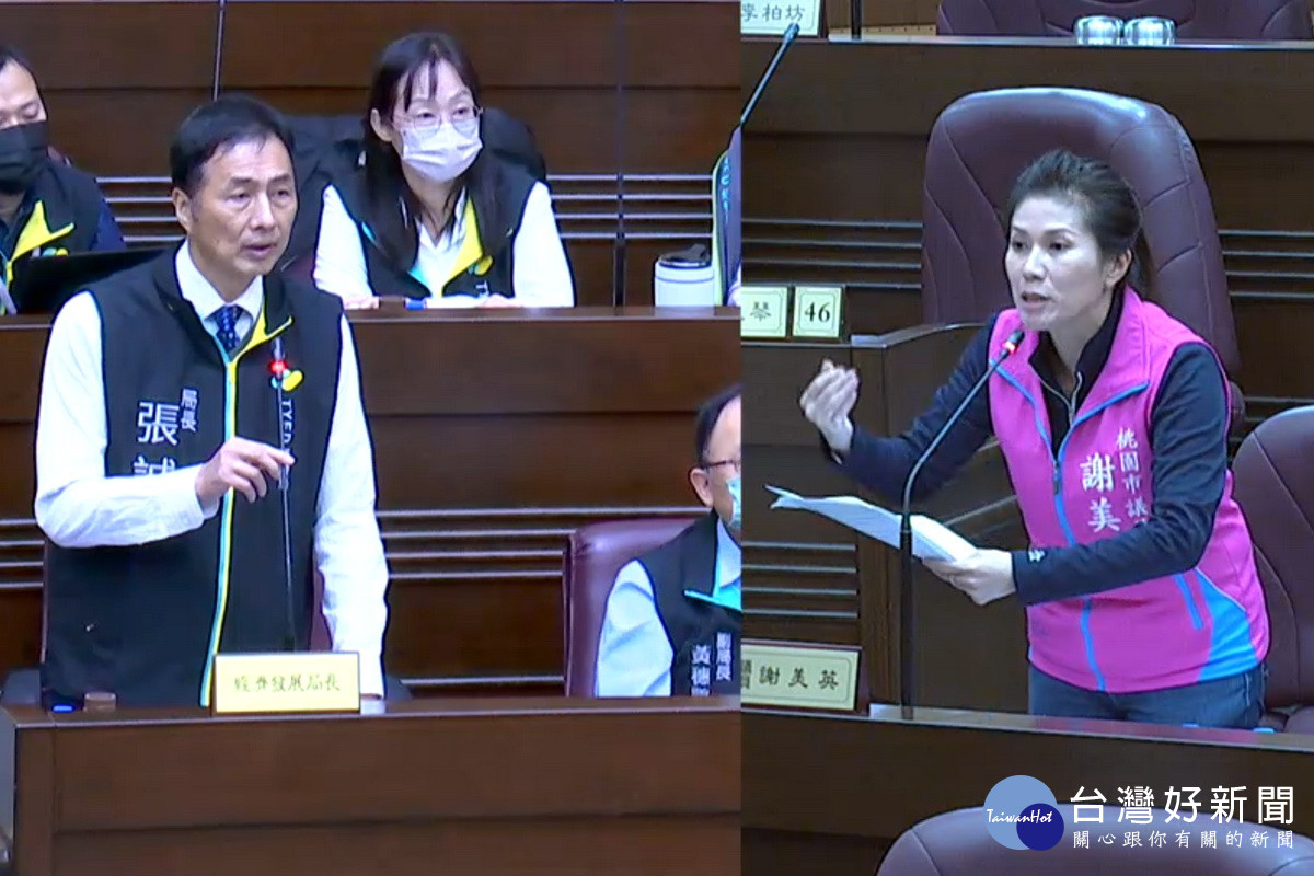 針對工廠納管問題，桃園市議員謝美英質詢市府經發局長張誠。