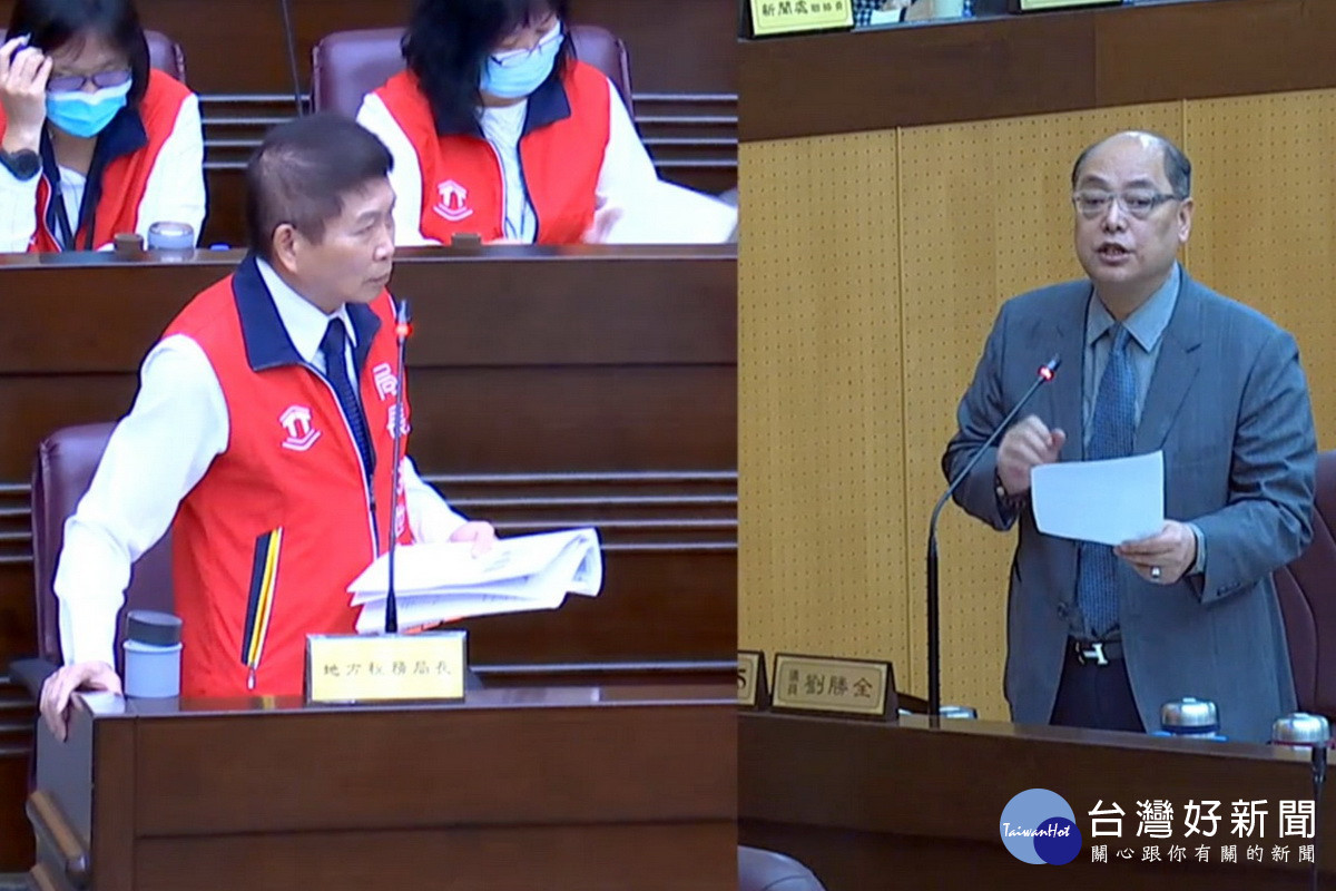 針對桃園市稅收呈現短徵，桃市議員劉勝全質詢地稅局長姚世昌。
