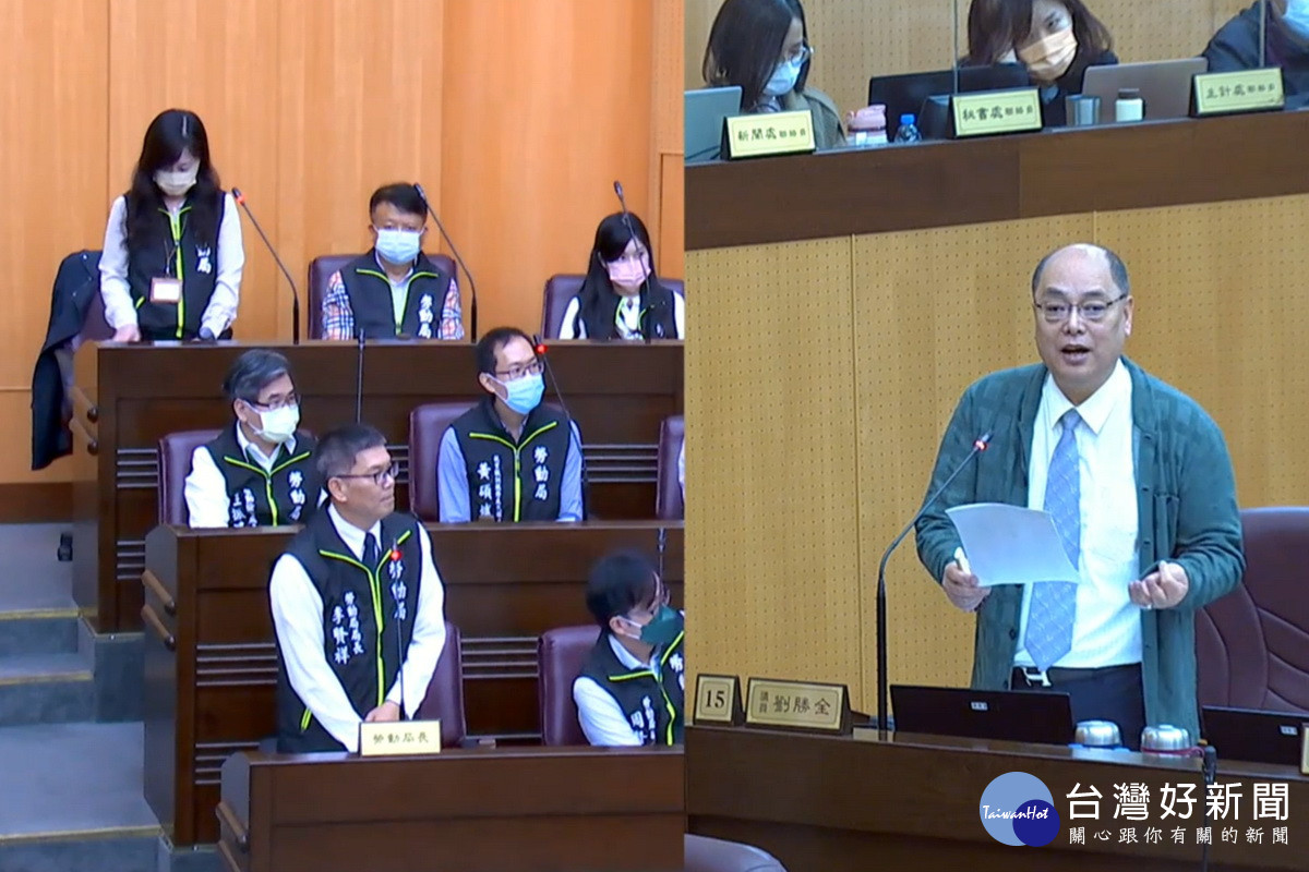 針對庇護工廠問題，桃園市議員劉勝全質詢市府勞動局長李賢祥。