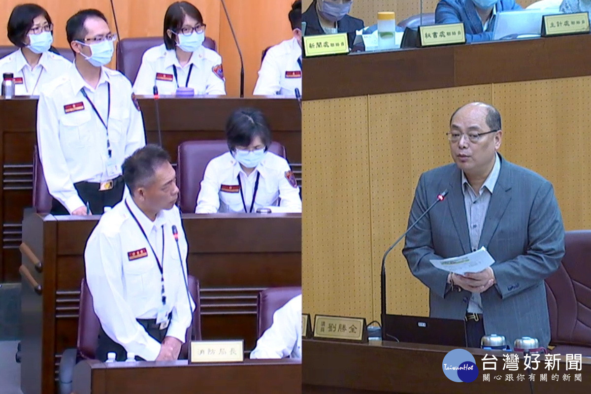 針對健全AI智能系統，桃園市議員劉勝全質詢市府消防局長龔永信。