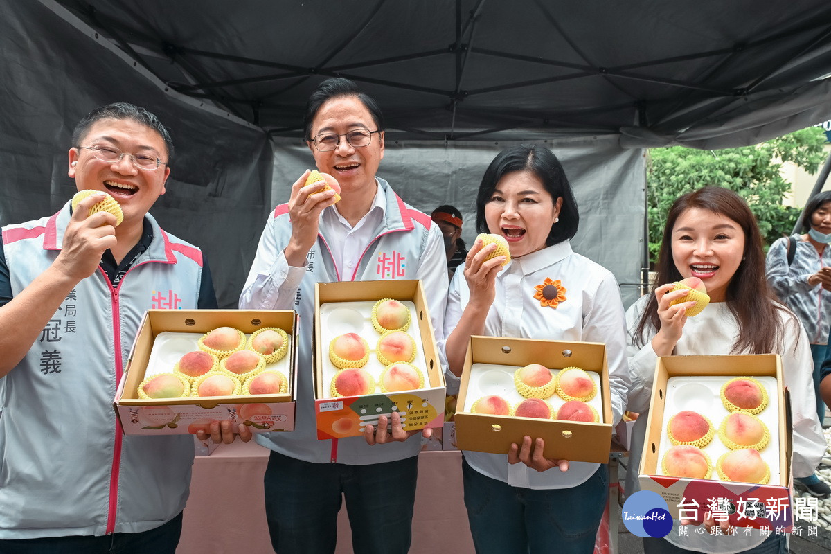 桃園市長張善政攜手雲林縣長張麗善共同行銷媽媽桃與古坑鳳梨。