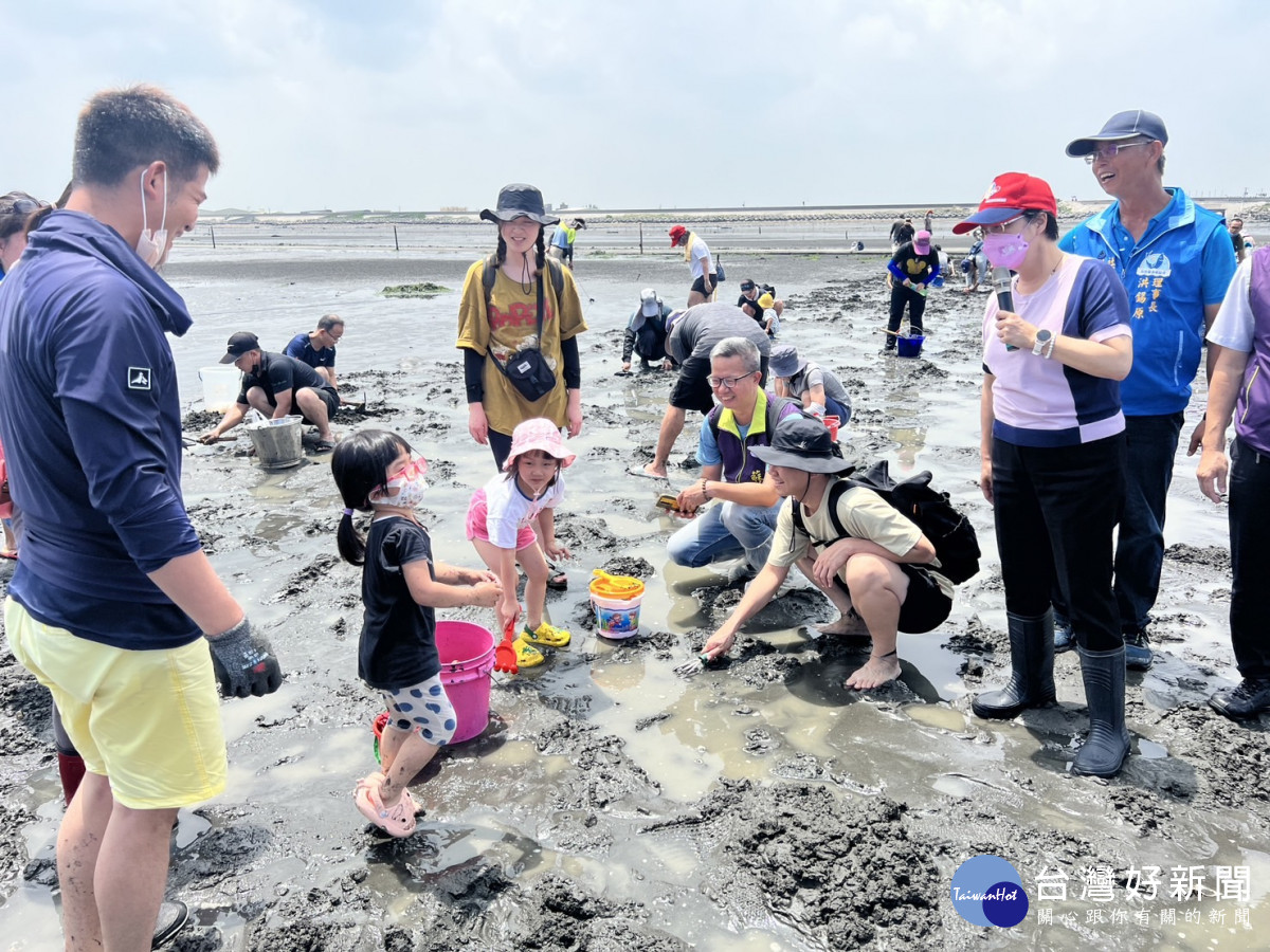 「彰化寶貝文蛤節暨海陸雙寶(漢寶.福寶)產業活動」，彰化縣長王惠美與鄉親一起採收文蛤。圖彰化縣政府提供
