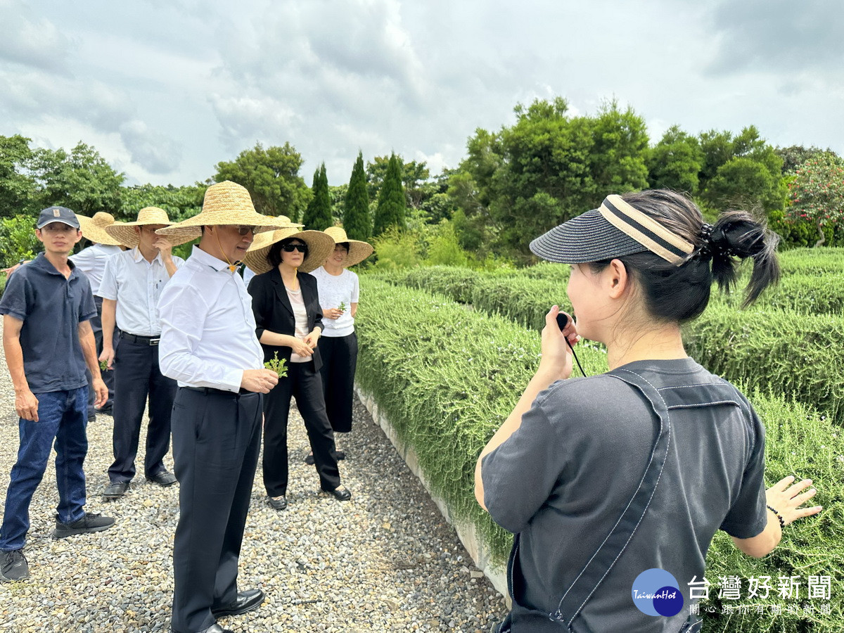 葉婷婷介紹種植的香草植物。（移民署南投站提供）