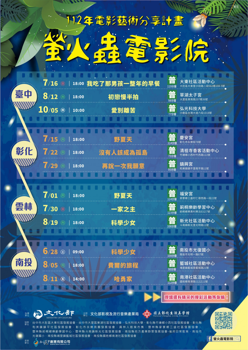 螢火蟲電影院將於112年6月28日至112年10月5日，在臺中、南投、彰化、雲林四縣市，共計播放12場電影。圖／彰化生活美學館提供