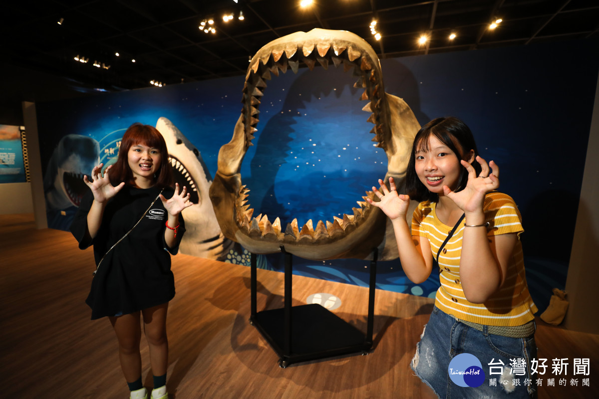 科博館《古生物展》中的「軍備競賽」展區有真實的鯊魚嘴部利牙化石，觀眾可以走進鯊魚的血盆大口拍照打卡。科博館提供