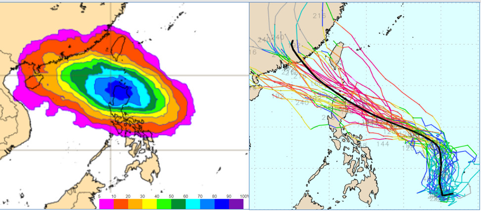 圖：最新(17日20時)歐洲系集模式模擬顯示，另一熱帶擾動的輕颱侵襲最大值，由菲律賓東方海面，向西北前進，25日20時在呂宋島北部(左圖)、續朝廣東進行。美國系集模式模擬(右圖)則顯示，系集平均及各別成員，皆比歐洲模擬偏向台灣。(右圖擷自weathernerds.org)
