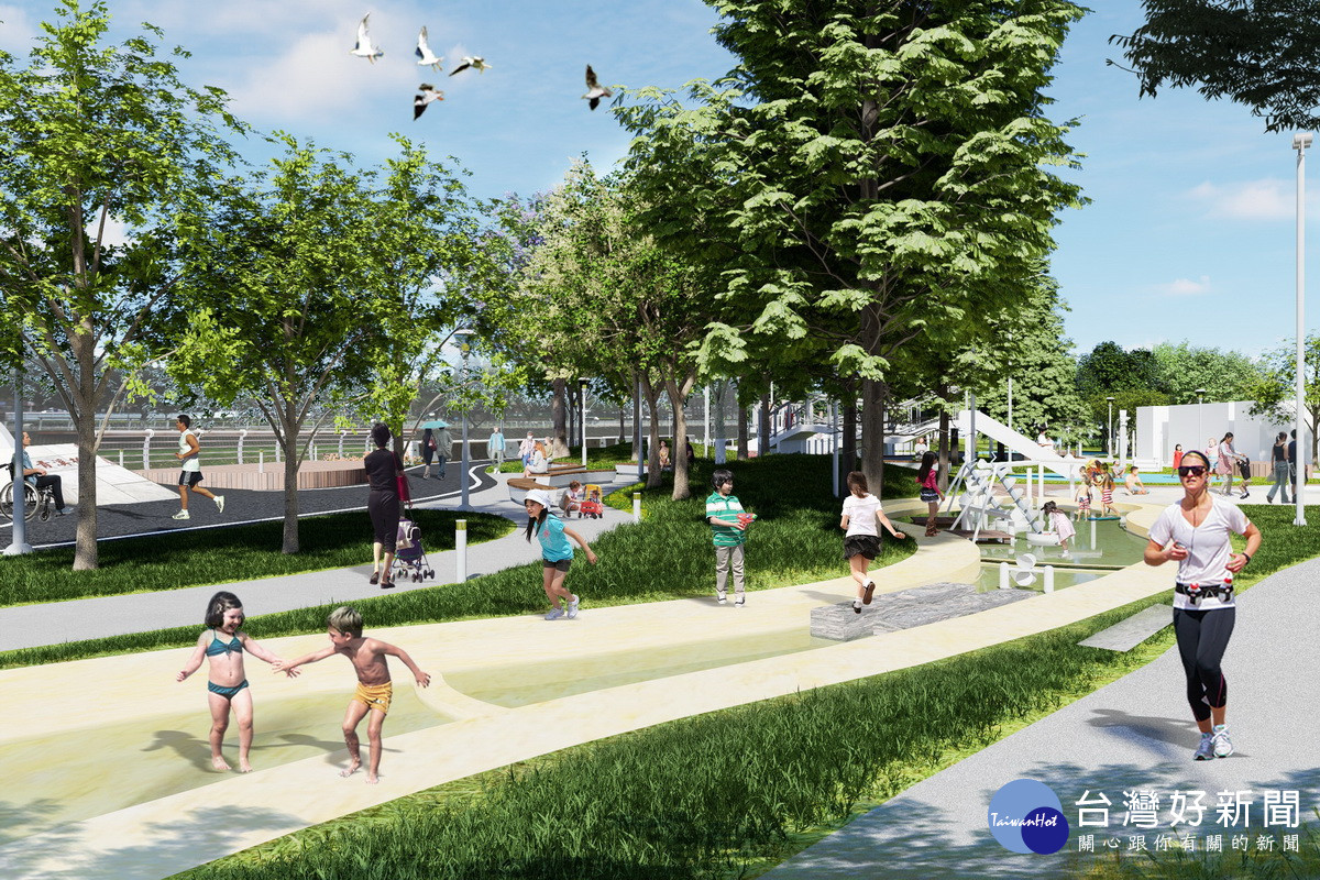 桃園市政府水務局南崁溪桃園區第一河濱公園共融遊戲場建置工程完工模擬圖。