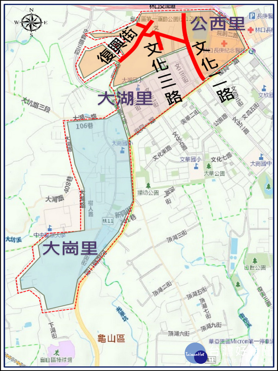 龜山大坪頂地區污水下水道工作井試挖範圍圖。