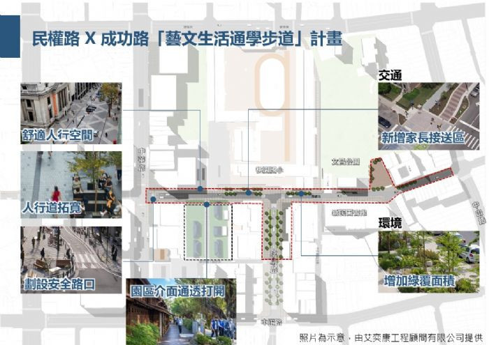 桃市府首推桃園民權路藝文通學步道升級，大手牽小手安心上下學。