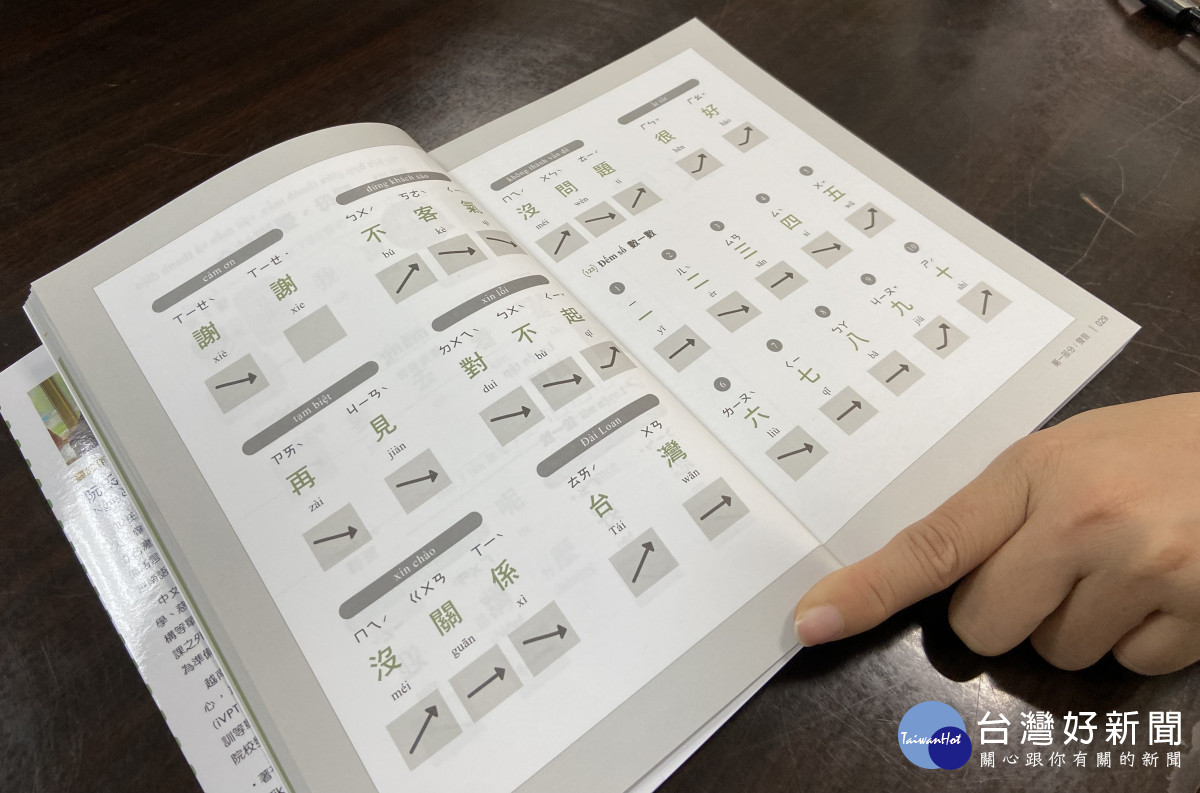 《越南人開始學中文》這本書有注音及拼音對照，加上箭頭來指示聲調，並把常用繁體字放大。