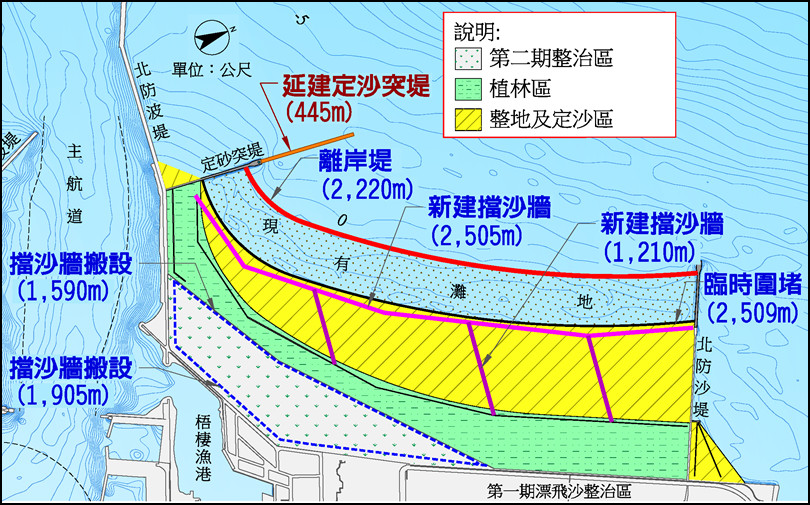 北側淤沙區漂飛沙整治第四期工程平面圖。