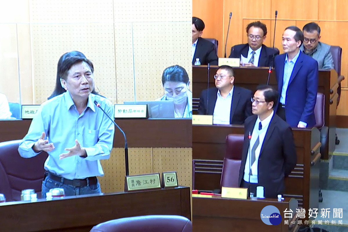 桃園市議員詹江村於議事堂上進行質詢。