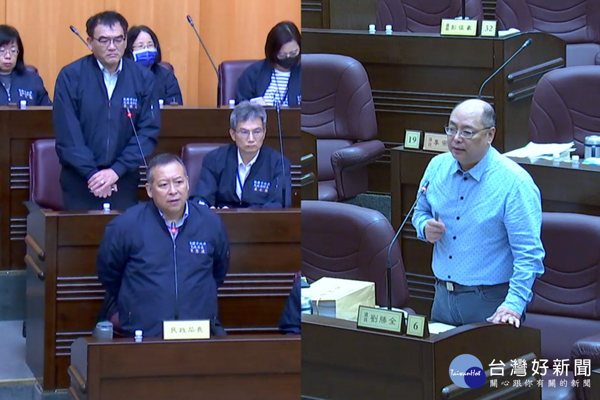 針對蘆竹第11號公墓遷葬議題，桃園市議員劉勝全於議事堂上進行質詢。<br />
