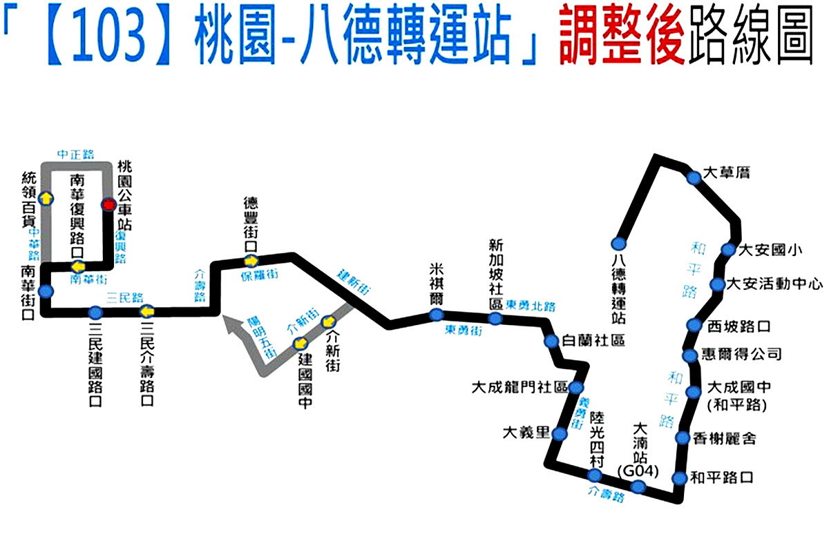 桃園-八德轉運站調整後路線圖。<br />
