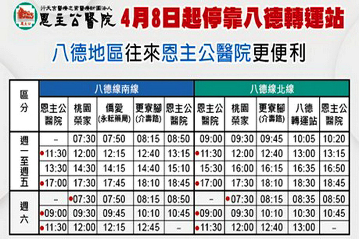 「恩主公醫院醫療專車」時刻表。