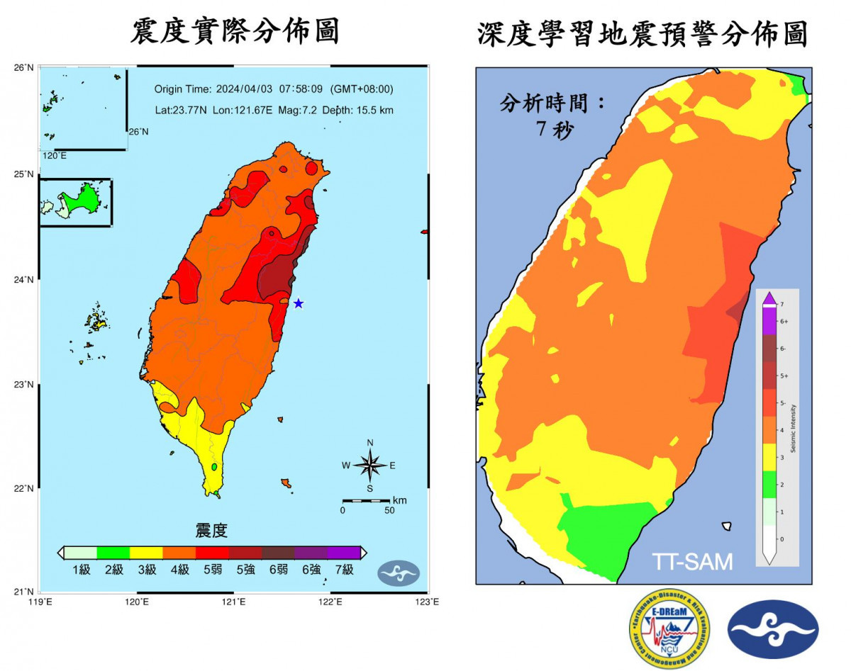 以此次花蓮規模7.2大地震為例，透過七秒的震波分析，即可評估台灣多數地區震度可達四級以上。