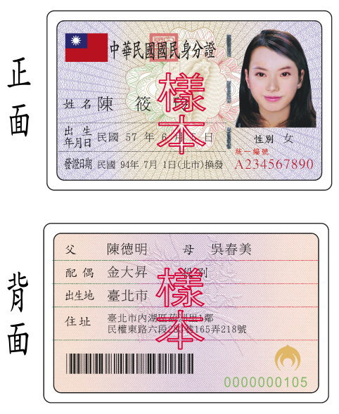 中華民國身分證樣本（圖／資料照片，圖源：台北市大安區戶政事務所網站）