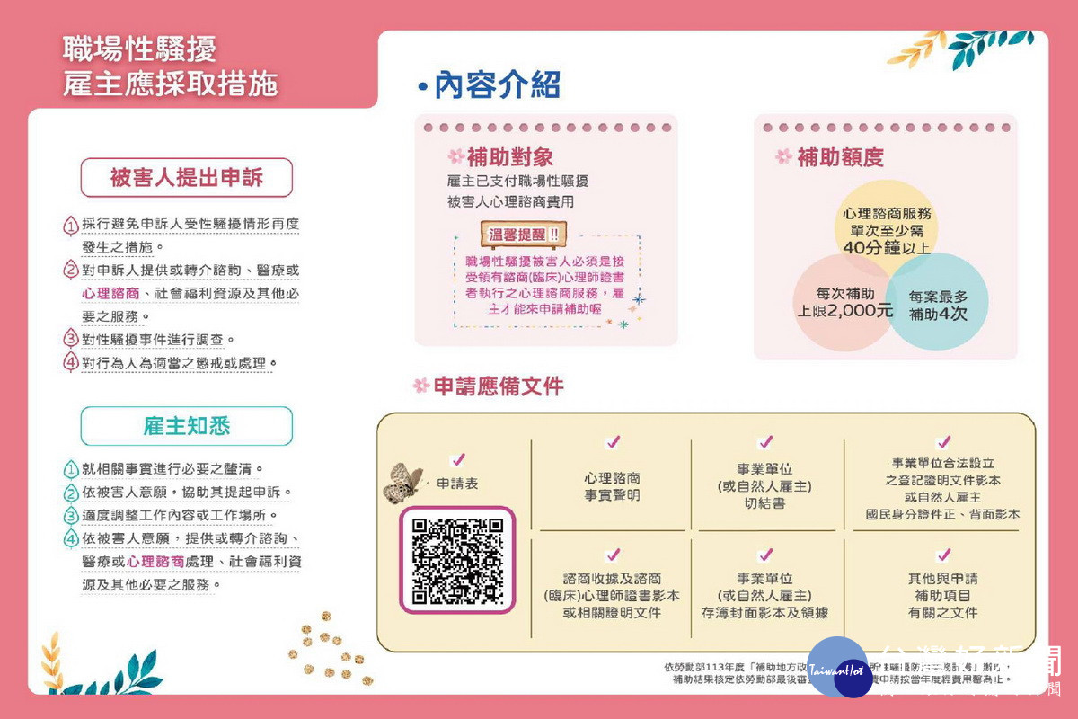 桃園市補助職場性騷擾心理諮商費用最高8,000元。