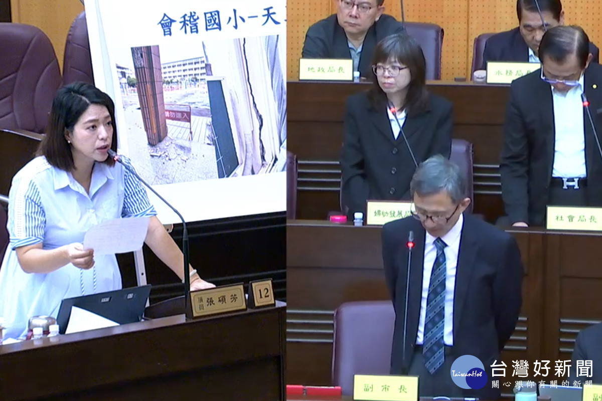 針對早療問題，桃園市議員張碩芳於議事堂進行質詢。