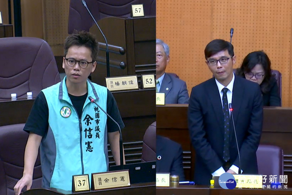 針對巨蛋體育館漏水事件 ，桃園市議員余信憲質詢市府體育局長許彥輝。