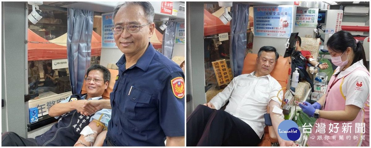 桃園市警局副局長陳武康、桃園警友辦事處同安站主任張長榮挽袖捐血，共襄盛舉。<br />
<br />
