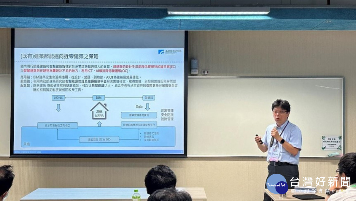 工業技術研究院李彬州計畫經理，介紹建築場域AIoT應用趨勢。（圖片／內政部建築研究所提供）