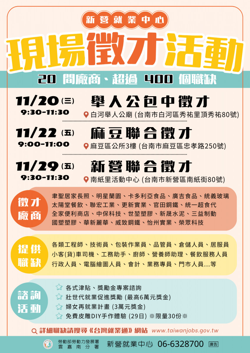 新營就業中心將於11月陸續辦理3場現場徵才活動。