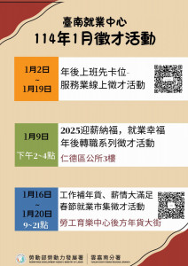 臺南就業中心114年1月徵才活動表